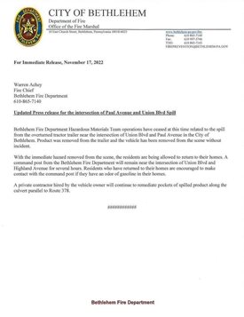 Article UPDATED Press Release Regarding Spill at Intersection of Union Blvd and Paul Ave.
