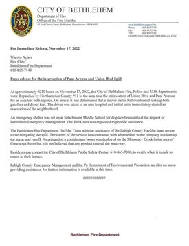 Article Press Release Regarding Spill at Intersection of Union Blvd and Paul Ave.